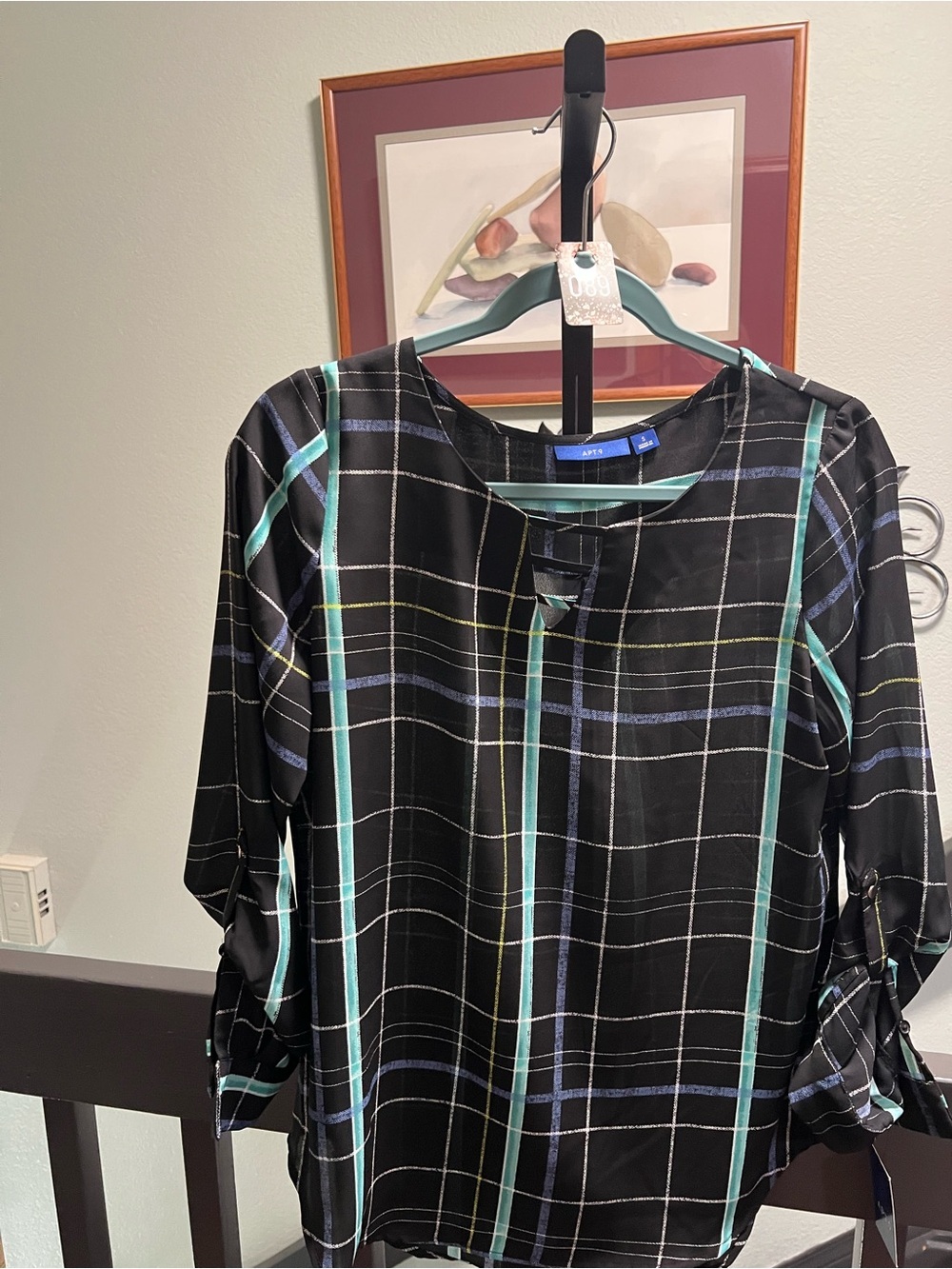 NWT Apt. 9 Black Plaid Blouse with Teal & Blue Stripes Adjustable Sleeves #089